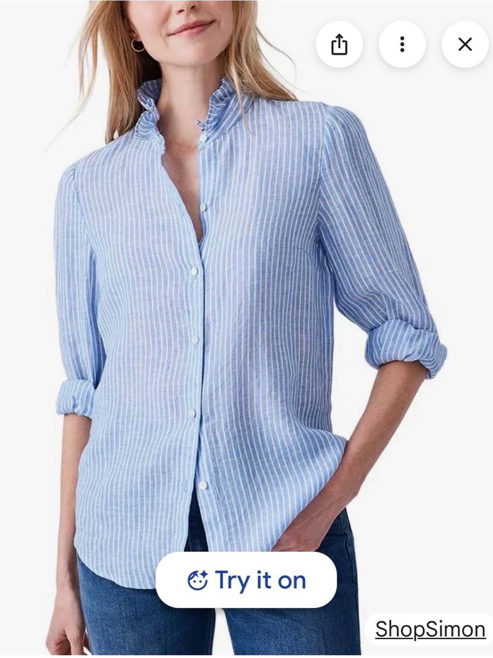 Light Blue Striped Ruffle-Collar Button-Up Top